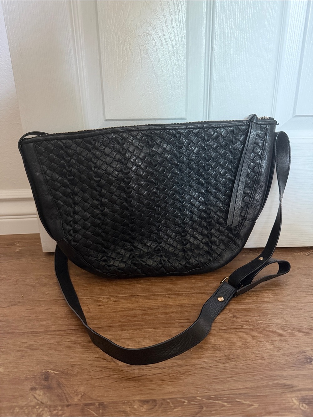 Black Woven Leather Crossbody Shoulder Bag